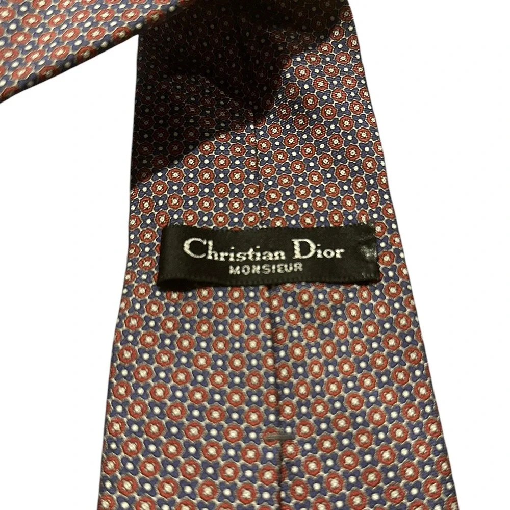 Christian Dior Monsieur Silk Tie Red Blue Geometric Medallion Woven in Italy USA